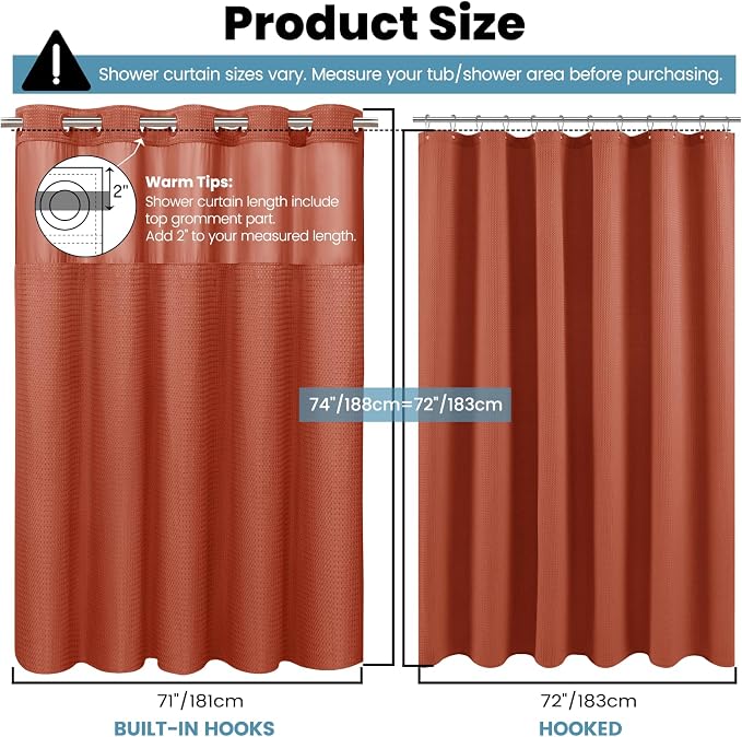 SORTTO No Hook Shower Curtain with Snap in Liner Set Waffle Shower Curtain for Bathroom Hotel Style Fabric Waterproof Inner Liner，71" W x 74" H, Burnt Orange