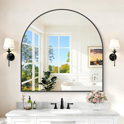 COFENY Arched Mirror, 42’’x42’’ Black Arch Mirror for Bathroom, Large Arched Bathroom Mirror with Frame, Modern Wall Mounted Mirror for Over Sink Mantle Bedroom Vanity Living Room Entryway