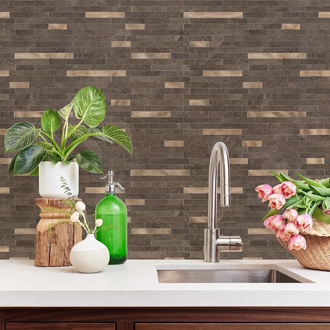 STICKGOO 20 Sheets Peel and Stick Backsplash Tile, Stick on Backsplash for Kitchen and Bathroom, Dark Brown Marble Look PVC Mixed Metal Gold Self Adhesive Wall Tiles