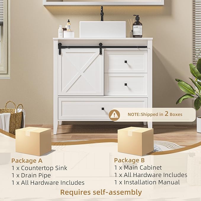 VNN Bathroom Vanity with Sink - 36 Inch Bathroom Vanity with Sink Ceramic, Freestanding Cabinet with Farmhouse Sliding Barn Door and 3 Drawers, Space-Saving Storage Cabinet, Wood Grain Texture, White
