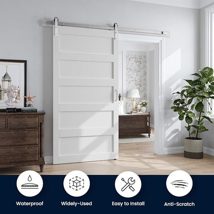 SMARTSTANDARD 40x84 inch White Barn Door with 7FT Silver Hardware Track | Solid MDF Slab, Waterproof PVC Surface, 5-Panel, Suitable for Openings up to 38in x 82in