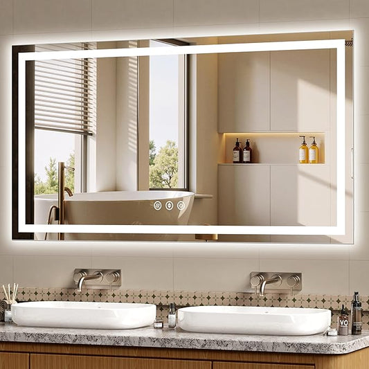 55x30 LED Bathroom Mirror with Lights - Dimmable, Anti-Fog, 3 Color Backlit & Front Lit Mirror for Bathroom, Shatter-Proof Tempered Glass, Easy Installation