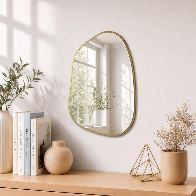 PERFNIQUE Irregular Wall Mirror Asymmetrical Mirror, 16''x12'' Small Gold Mirror for Bathroom Bedroom Living Room Entryway, Decorative Modern Wall Decor, Wall Mounted (Gold, 16''x12'')