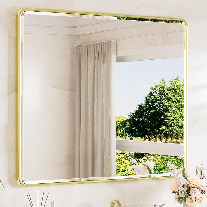 Brushed Gold Mirrors for Wall 42 x 36 Beveled Edge Tempered Glass, Rounded Corner Rectangle Framed Mirror for Modern Bathroom, Living Room, Bedroom, Entryway