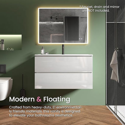 36" Bathroom Vanity with Sink, Modern Floating Vanity with Double Soft-Closing Drawers, Large Storage for Small Space, Glossy White, Fully Assembled - Iris Collection