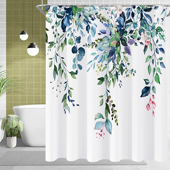Eucalyptus Shower Curtain, Watercolor Green Leaves Plant Floral Spring Nature Waterproof Fabric Machine Washable with Hooks for Bathroom Bathtub 60Wx72H