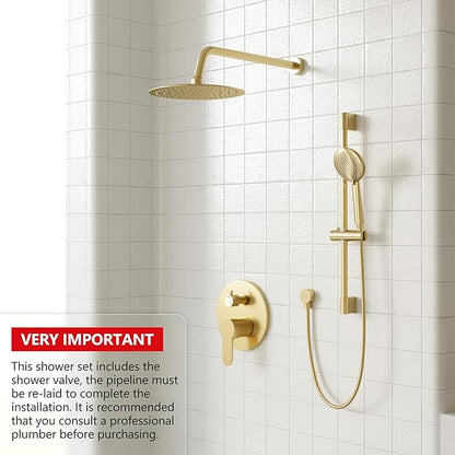 Gabrylly Shower System, High Pressure 12" Rain Shower Head with Handheld Shower, Wall Mounted Slide Bar Shower Faucet Set Complete, Shower Combo Set with Shower Valve,Brushed Gold
