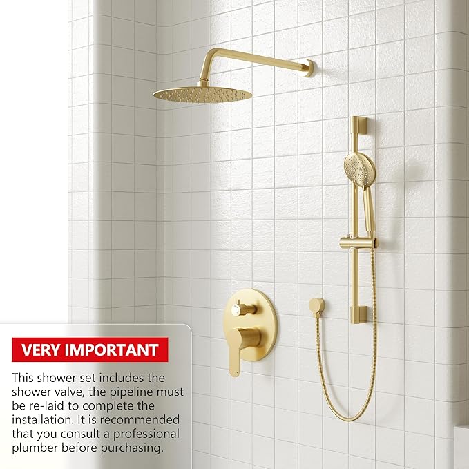 Gabrylly Shower System Gold, Slide Bar Shower Faucet Set with High Pressure 10" Rain Head and 5-Setting Handheld Spray, 2 Way Pressure Balance Valve with Trim Kit, Brushed Gold