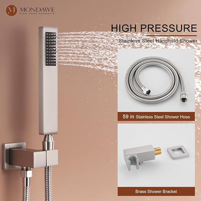 MONDAWE 12 Inch Thermostatic Shower System in Brushed Nickel, Wall Mounted Shower Head with Handheld Spray and 6 Body Jets, High Pressure Bathroom Shower Faucet Set with Thermostatic Valve