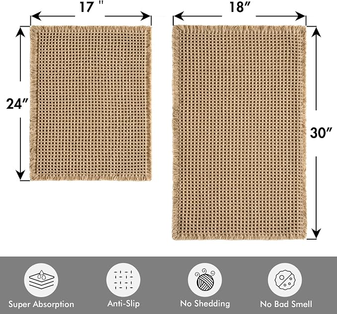 MIULEE Set of 2 Waffle Bathroom Rugs Boho Bath Mat Brown 17"x24"+18"x30" | Non Slip, Super Absorbent, Washable, Ultra Soft, Rubber Backed, Small Bath Rugs for Bathroom Floor Tub Shower