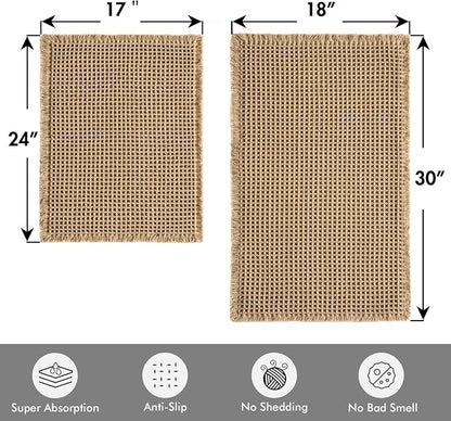 MIULEE Set of 2 Waffle Bathroom Rugs Boho Bath Mat Brown 17"x24"+18"x30" | Non Slip, Super Absorbent, Washable, Ultra Soft, Rubber Backed, Small Bath Rugs for Bathroom Floor Tub Shower
