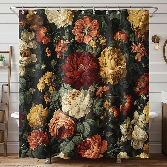 Vintage Black Floral Shower Curtain for Bathroom, Dark Boho Floral Shower Curtain Farmhouse Flower Botanical Waterproof Bath Curtains with 12 Hooks, 72X72 Inch