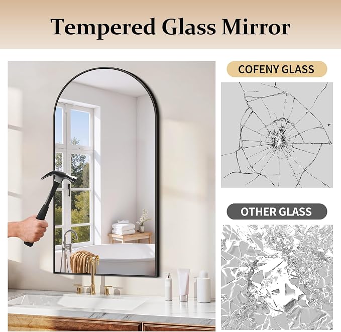 COFENY Arched Mirror, 30’’x50’’ Black Arch Mirror for Bathroom, Arched Bathroom Mirror with Frame, Modern Wall Mounted Mirror for Over Sink Mantle Bedroom Vanity Living Room Entryway