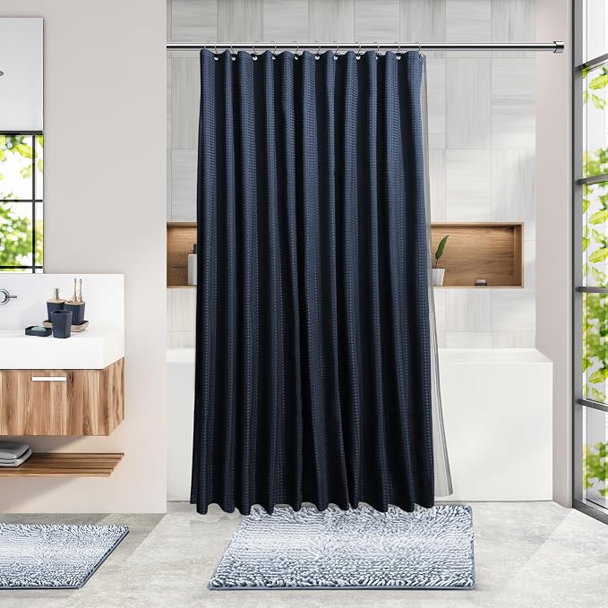 Clara Clark Bathroom Accessories Set - 27PC Bathroom Set with Adhesive Corner Shower Caddy Hanging, Bathroom Sets with Shower Curtain and Rugs, Ombre Navy Shower Curtain Set with Bathroom Trash Can | 27 Piece Ombre Navy Bathroom Sets with Shower Curtai...
