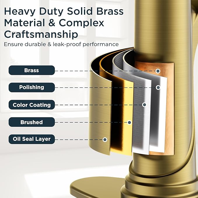 Forious Single Handle Bathroom Faucets Brushed Gold One Hole Antique Waterfall Bathroom Faucet with Metal Pop Up Drain and Deck Plate for Lavatory Vanity Farmhouse RV