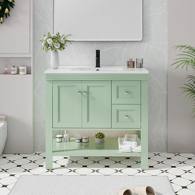 eclife 36" Bathroom Vanity with Sink Combo, Modern Painted Vanities Cabinet w/Wide Opening Storage Shelf, 2 Drawers, Soft Closing Doors and Undermount White Sink Faucet Drain, Green