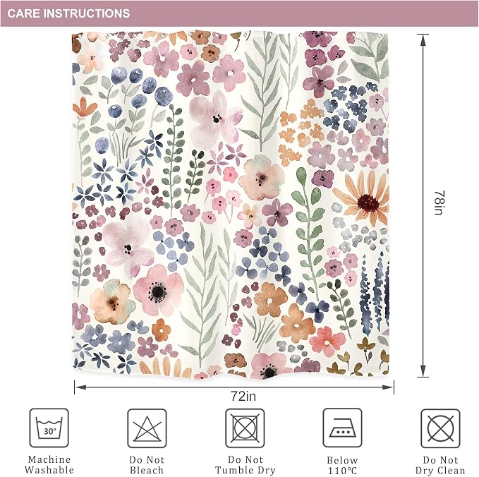 Extra Long Cute Floral Flower Watercolor Rustic Bathroom Shower Curtain Set | 72"W x 78"H Botanical Girls; waterproof HD print, quick-dry fabric with 12 hooks for easy hanging.
