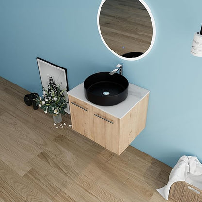 24" Floating Vanity with Sink, 24 Inch Bathroom Vanity with Sink, Modern Plywood Floating Cabinet with Sintered Stone Countertop and Black Ceramic Basin, Soft Close Doors