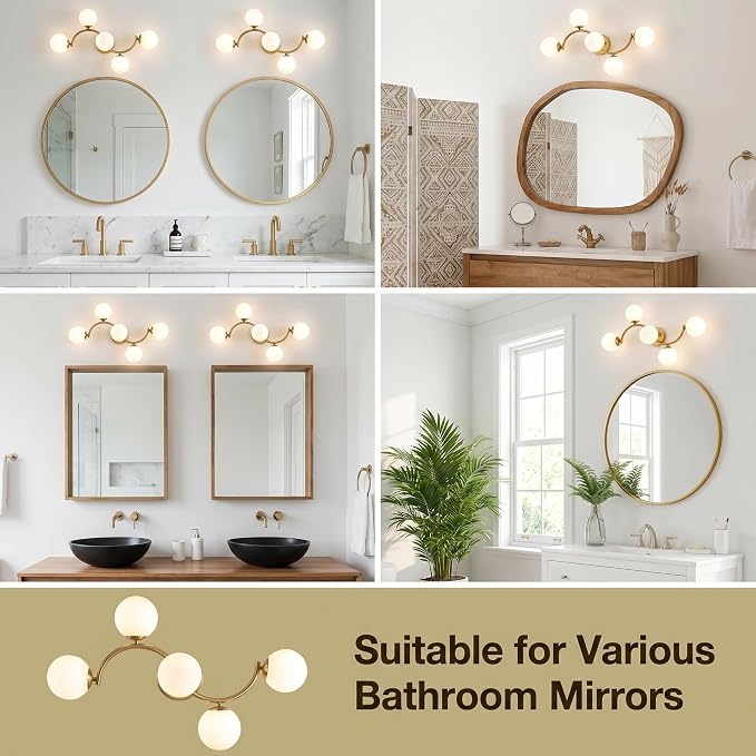 Mieloxiy 5-Light Gold Bathroom Vanity Light, Modern Mid Century Bathroom Light Fixtures Over Mirror with Milk Glass Globe Shades, G9 Wall Sconce for Vanity, Bedroom, Hallway, Bulbs Not Included