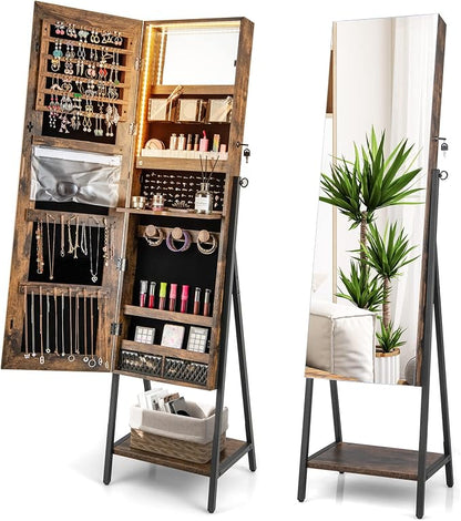 CHARMAID Standing Jewelry Armoire with Full Length Mirror, Lockable Jewelry Cabinet Organizer with Lights, 3 Lighting Modes, Foldable Makeup Tray, Storage Drawers & Shelves (Rustic Brown)