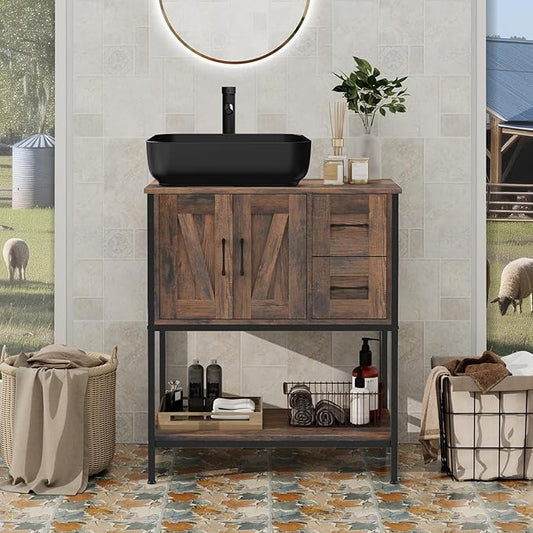 YOURLITE Bathroom Vanity, 30" Rustic Brown Bathroom Vanity with Sink Combo Set, Farmhouse Modern Wood Bathroom Cabinet with Black Ceramic Sink