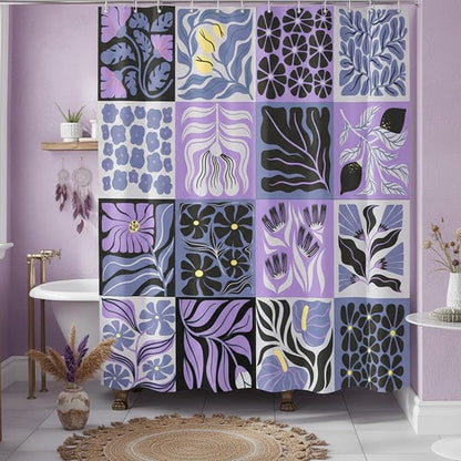 JAWO Retro Shower Curtain Vintage Abstract Boho Floral Shower Curtains for Bathroom Decor Purple Yellow Botanical Geometric Groovy Aesthetic Pattern Shower Curtain Sets with Hooks, 70X70IN