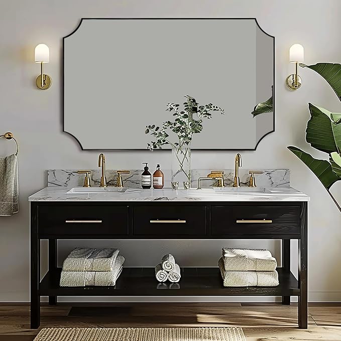 30x48 Inch Mirror, Matte Black Bathroom Vanity Mirror, Scalloped Rectangle Mirror in Premium Stainless Steel Metal Thin Frame Deep 1", Large Wall-Mounted Mirror (Horizontal/Vertical)