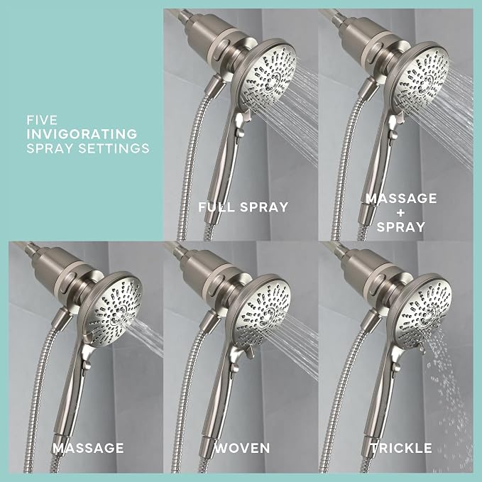 SEVENTY 5-Setting Magnetic Handheld Shower Head with Shower Filter and 59 Inch Hose in Brushed Nickel – Helps Reduce Chlorine and Impurities for Healthier Hair, Skin and Scalp, Easy to Install (12159)