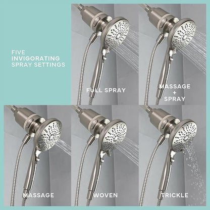 SEVENTY 5-Setting Magnetic Handheld Shower Head with Shower Filter and 59 Inch Hose in Brushed Nickel – Helps Reduce Chlorine and Impurities for Healthier Hair, Skin and Scalp, Easy to Install (12159)