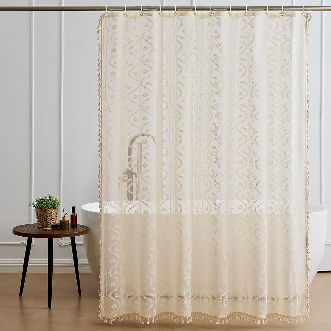 WAZZIO Vintage Lace Shower Curtain for Bathroom 72" W x 72" L, Victorian Farmhouse Floral Pattern Tassel Fancy Shower Curtain Boho Washable Cloth Decorative Bath Curtains,1 Panel