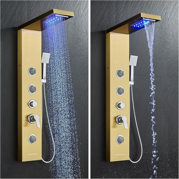 5-in-1 Shower Panel Tower System with LED Lights, 2-in-1 Body Massage, Rainfall, Waterfall,Handheld and Tub Spout, Stainless Steel Shower Column - Gold