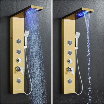 5-in-1 Shower Panel Tower System with LED Lights, 2-in-1 Body Massage, Rainfall, Waterfall,Handheld and Tub Spout, Stainless Steel Shower Column - Gold