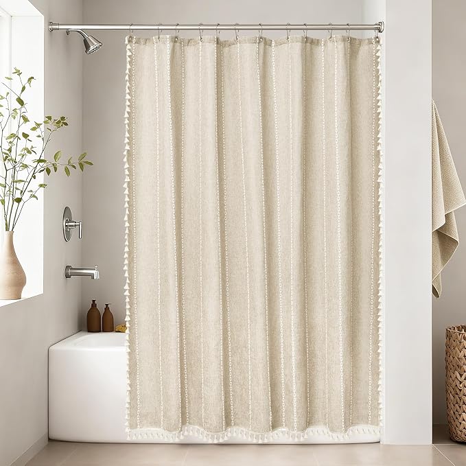 Seenus Boho Farmhouse Beige Linen Textured Shower Curtain, 72 x 84 Inch Extra Long Soft Fabric Shower Curtain Heavyweight with Tassels, Cream White Striped Bathroom Décor Curtain Water Repellent