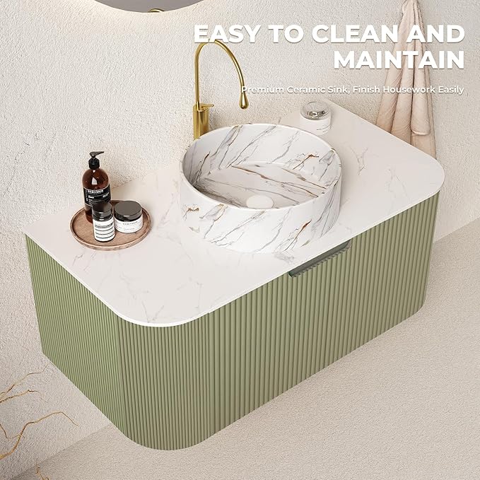 LKTART 36 Inch Floating Bathroom Vanity with Sink, Modern Wall Mounted Bathroom Storage Cabinet with Drawer, Stone Pattern Round White Ceramic Sink Top and Marble Texture Top, Green