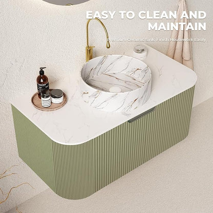LKTART 36 Inch Floating Bathroom Vanity with Sink, Modern Wall Mounted Bathroom Storage Cabinet with Drawer, Stone Pattern Round White Ceramic Sink Top and Marble Texture Top, Green