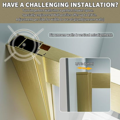 36x36x71-Inch Golden Shower Enclosure, 1/4"(6mm) SGCC Clear Tempered Glass | SGCC-certified, Double Sliding Corner Shower Door, Stainless Steel Handle&Tracks, Easy to Assemble, Base No Included
