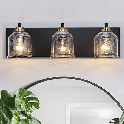 Vanity Lights for Bathroom Large 23", Farmhouse Rustic Vanity Light with Bubble Glass Shades, Black and Gold 3 Light Bathroom Lighting Fixtures Over Mirror, Bath Wall Sconce Home Decor