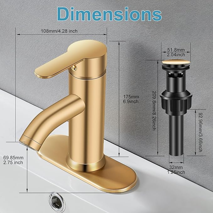 Brushed Gold Bathroom Faucet, Single Handle Sink Faucet, 1 Hole or 3 Hole, Bathroom Vanity Faucet, with Pop-up Drain and Deck