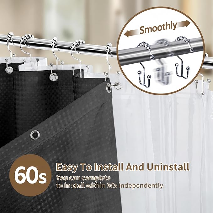 Siiluminisoy Shower Curtain and Liner Set, Waffle Shower Curtain Set with 12 Stainless Steel Hooks, Waterproof Luxury Fabric Shower Curtains for Bathroom and Hotel, Black, 72" W x 72" H