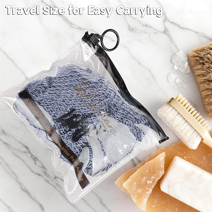 Authentic African Net Sponge,2 Pack 45-in Exfoliating Bath Sponge and Shower Loofah for Body and Back,Colorfast Quick-Dry Knotted Mesh Scrubber with Travel Pouch(Slate Blue&Bean Paste Pink)