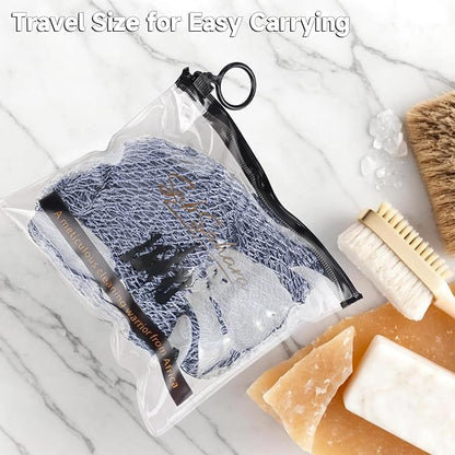 Authentic African Net Sponge,2 Pack 45-in Exfoliating Bath Sponge and Shower Loofah for Body and Back,Colorfast Quick-Dry Knotted Mesh Scrubber with Travel Pouch(Slate Blue&Bean Paste Pink)