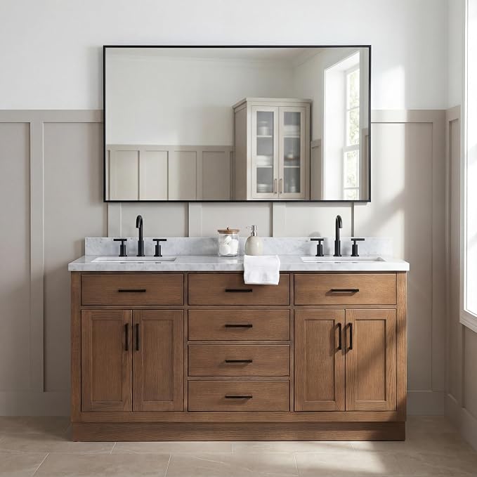 Isabella 66-Inch Brown Oak Double Bathroom Vanity with Sink, 1.5-Inch Edge Italian Carrara Marble Countertop & 4" Backsplash, Soft-Closing Doors & Drawers, Solid Oak Wood Construction