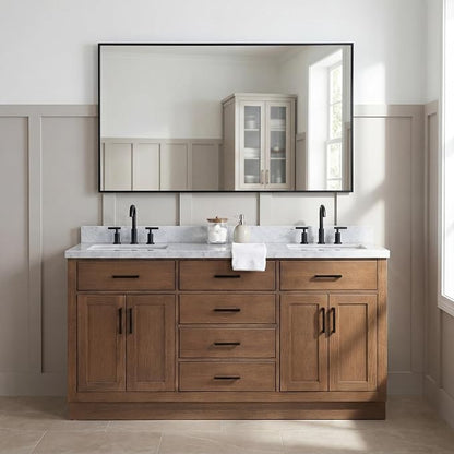 Isabella 66-Inch Brown Oak Double Bathroom Vanity with Sink, 1.5-Inch Edge Italian Carrara Marble Countertop & 4" Backsplash, Soft-Closing Doors & Drawers, Solid Oak Wood Construction