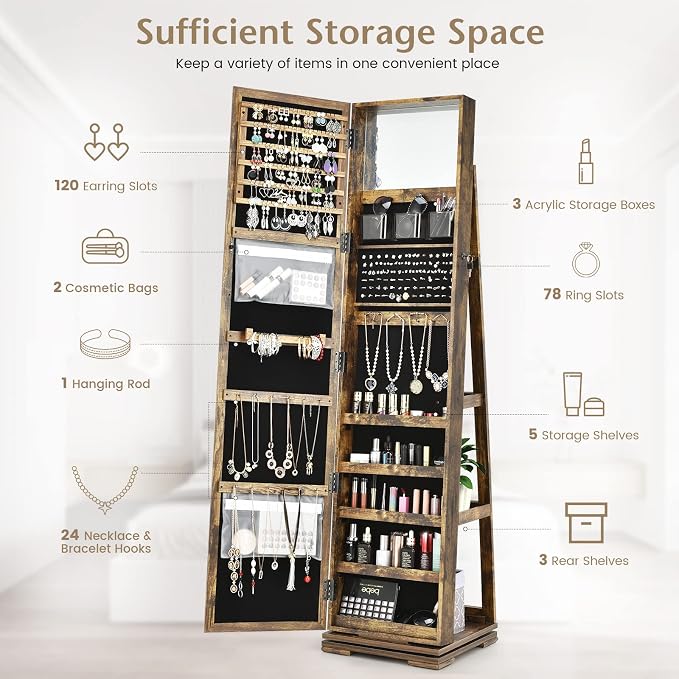 COSTWAY 360 Rotating Jewelry Armoire Cabinet, Standing Jewelry Organizer w/Full-Length Mirror & Large Storage Space, Lockable Mirror Jewelry Cabinet for Girls Women (Rustic Brown)