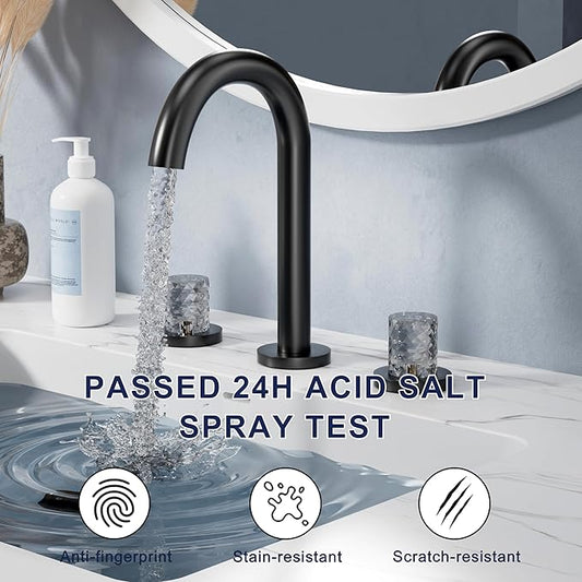 Bathroom Faucets for Sink 3 Hole, Bathroom Sink Faucet Widespread 8 Inch, Matte Black Faucet with Pop Up Drain and Hose