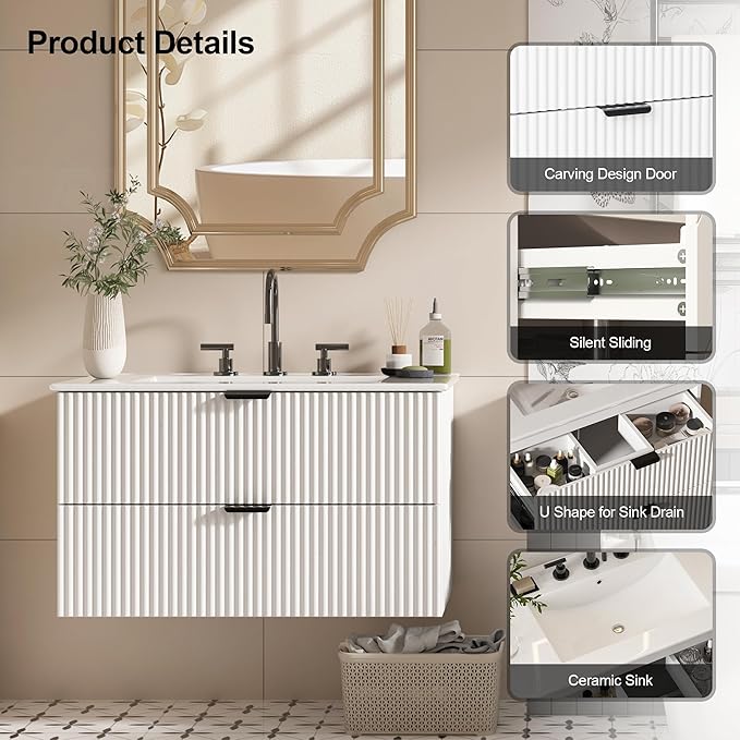 30" Bathroom Vanity with Sink Combo, Floating Vanity Bathroom Cabinet with Ceramic Basin, Soft-Close Function,Modern Wall Mount Sink Vanity for Guest or Master Bath