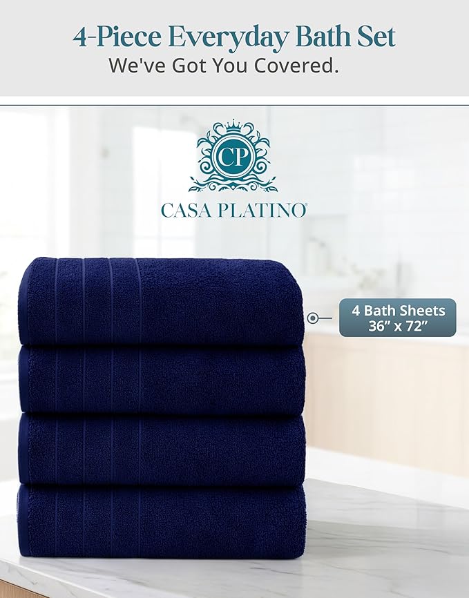 Casa Platino Oversized Bath Sheet Towels, 4 Pack Bath Sheet(36"x 72"), 100% Ring Spun Cotton Bath Sheets, Highly Absorbent Bath Sheet Towels, Quick Dry Bath Towels, Luxury Bath Sheet - Navy