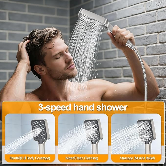 Shower System Modern Rain Brass Faucet Set With Valve and Diverter Shower Mixer With Handheld High Pressure Square Rainfall Shower Valve (12'' Wall Mount, Brushed Nickel)
