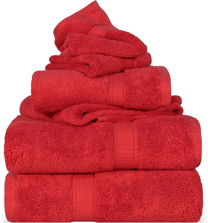SUPERIOR Egyptian Cotton Ultra Plush & Absorbent, 6 Piece Set, Red | Quick Dry, Soft Luxury Towel Set, Bath Essentials, Guest Bath, Spa, 2 Bath, 2 Hand, 2 Face Towels, Madeline Towels