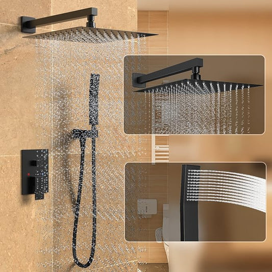 Black Rain Shower System Faucet Set with Handheld, 12 inch | Solid Metal Wall Mount Rainfall Shower Set with Safe Anti-Scald Valve, Air Injection High Pressure Water Saving Combo